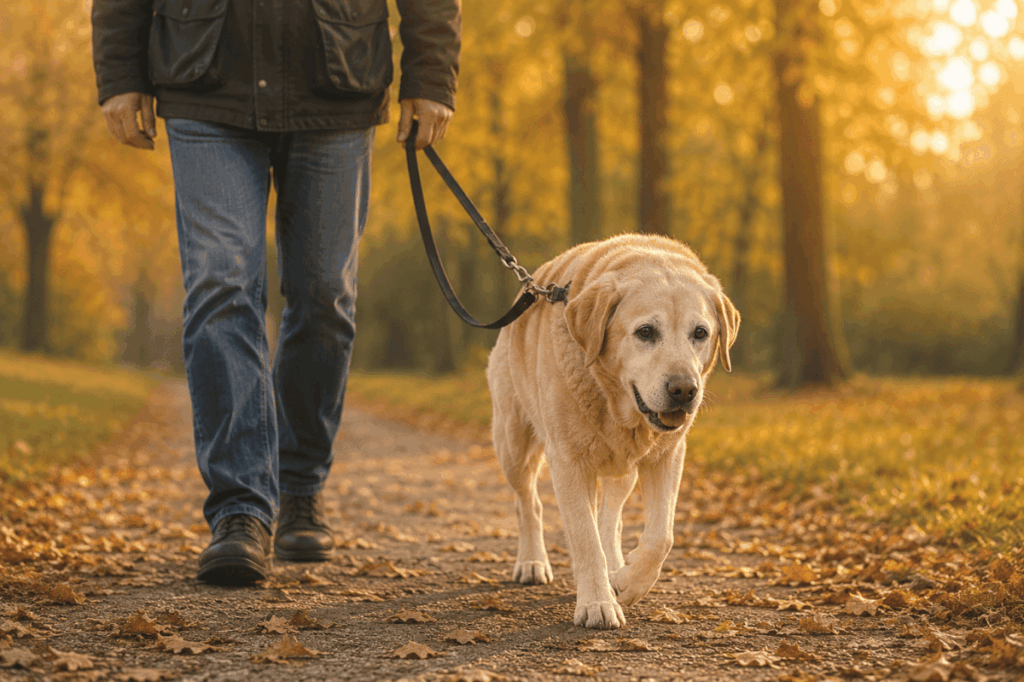 Lebenserwartung beim Labrador – Wie alt werden Labradore? 6 Alter Labrador beim Spaziergang mit Besitzer