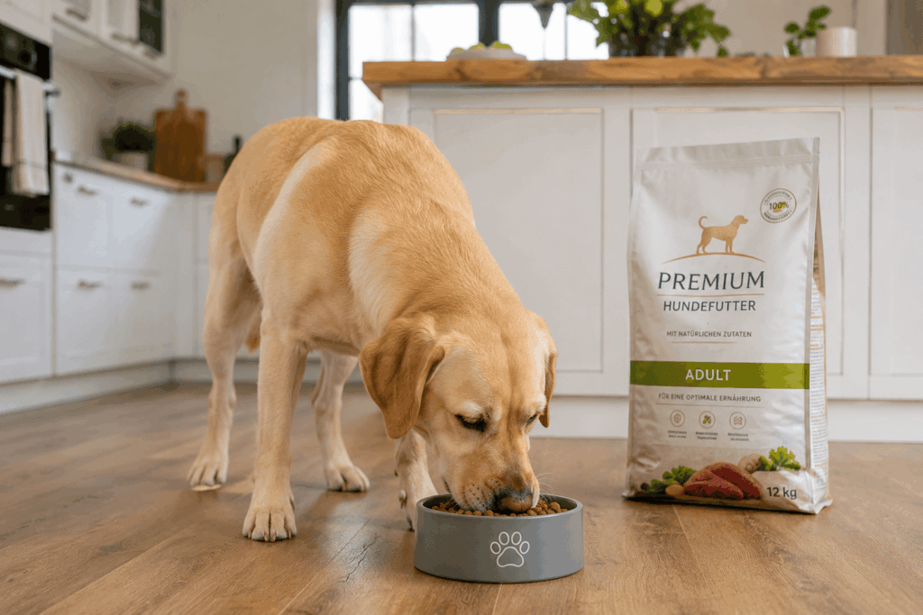 Ernährung 1 Gesunder Labrador frisst hochwertiges Hundefutter
