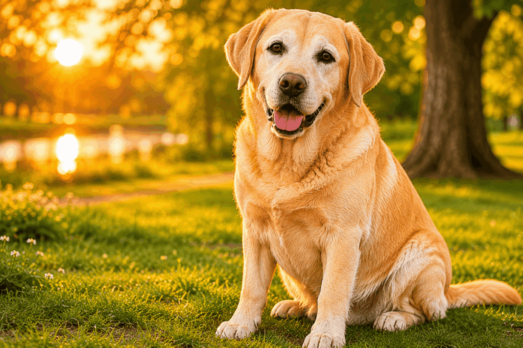 Lebenserwartung beim Labrador – Wie alt werden Labradore? 2 Glücklicher älterer Labrador im Grünen