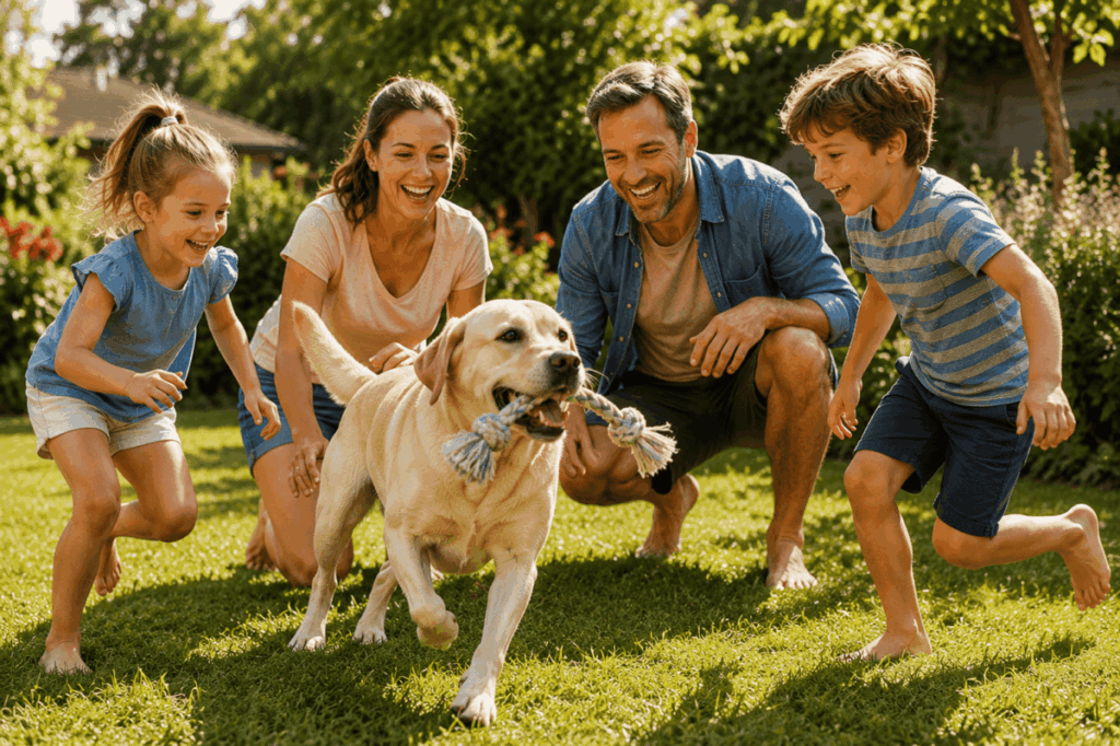 Labrador und Kinder – Passt der Labrador als Familienhund? 5 Junger Labrador spielt mit Familie draußen