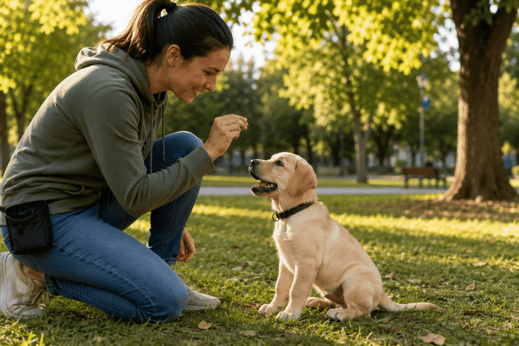 Labrador Welpe beim Training mit Besitzer