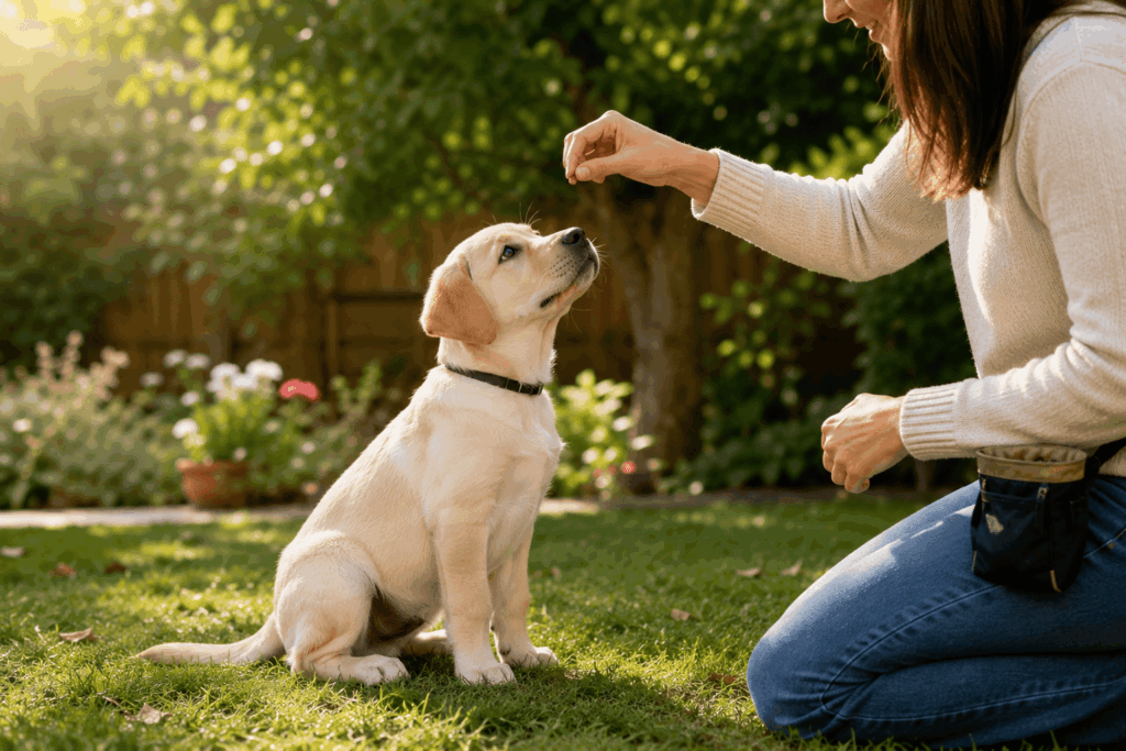 Labrador Welpe lernt Sitz