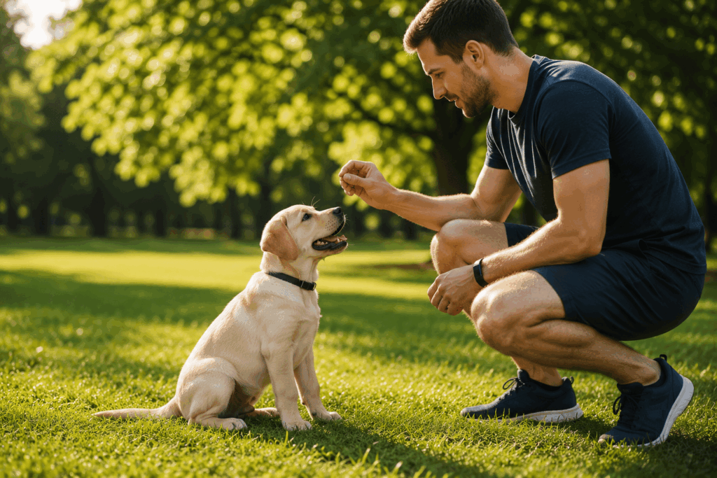 Labrador Welpen – Der komplette Guide für einen perfekten Start 3 Labrador Welpe trainiert mit Besitzer