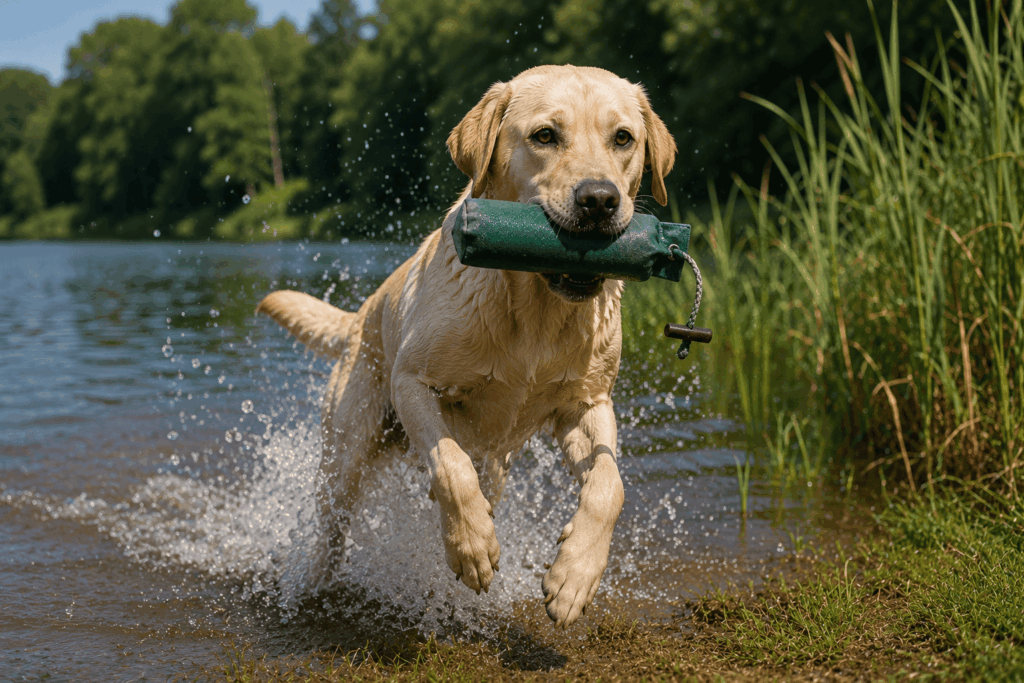 Labrador apportiert Dummy am See
