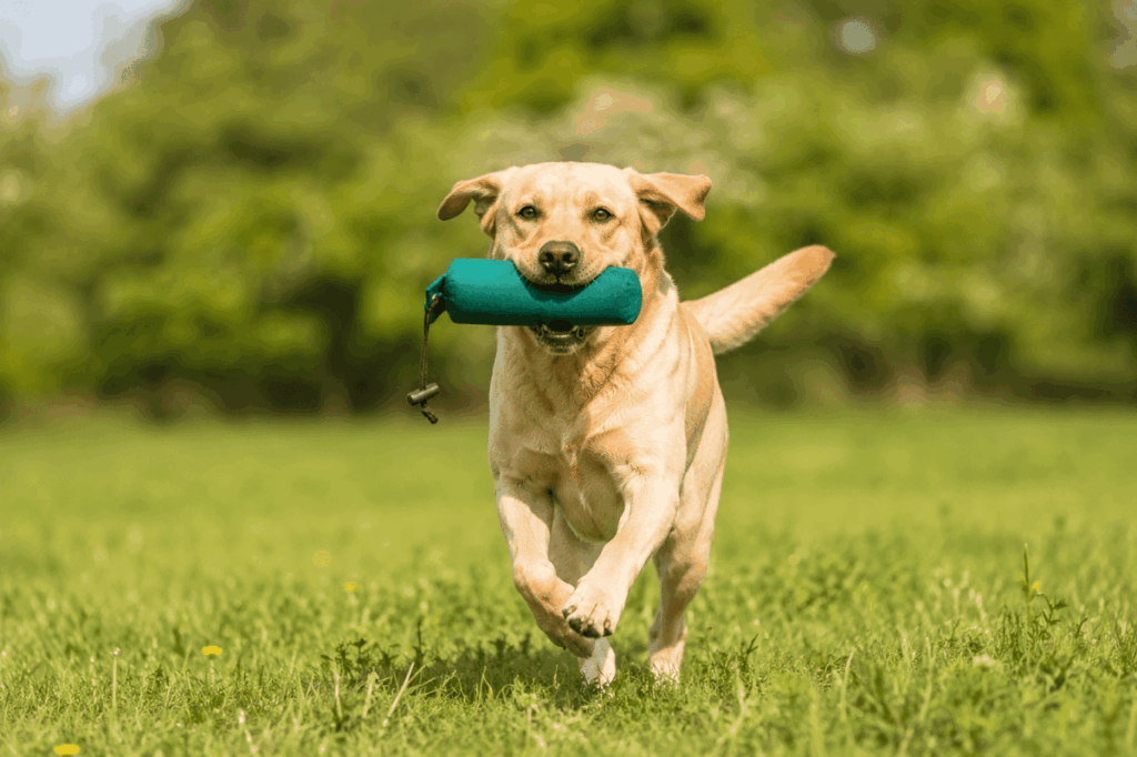 Lebenserwartung beim Labrador – Wie alt werden Labradore? 3 Labrador beim Spielen und Apportieren