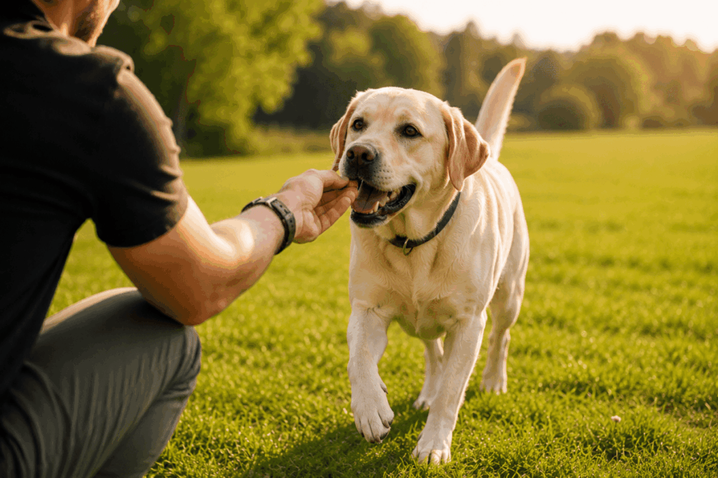 Labrador bekommt Belohnung nach Rückruf