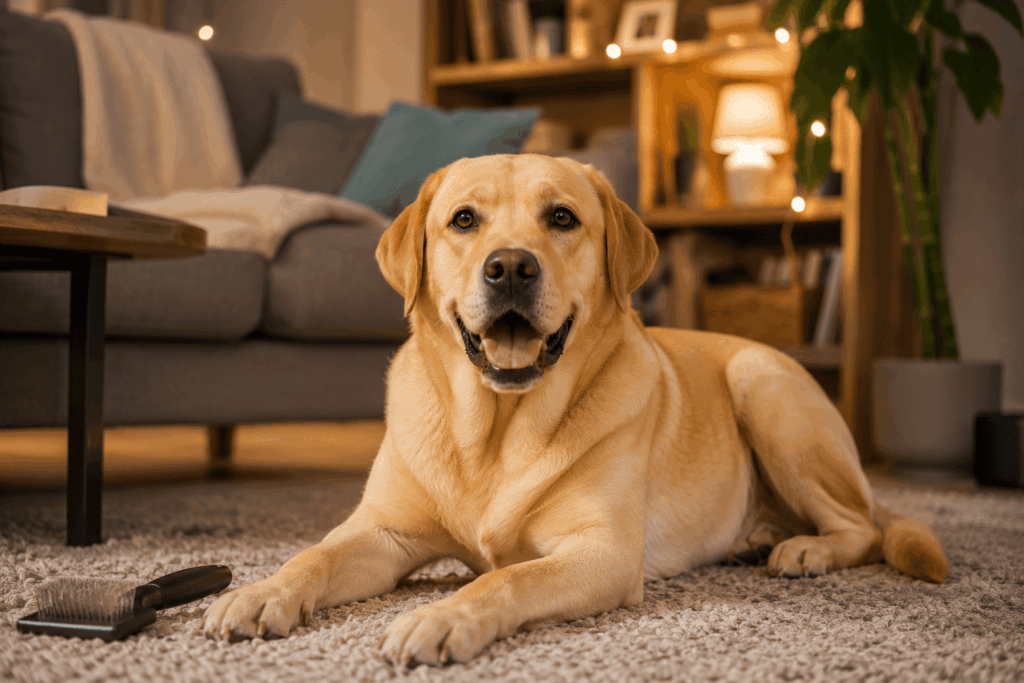 Labrador entspannt nach der Fellpflege zuhause
