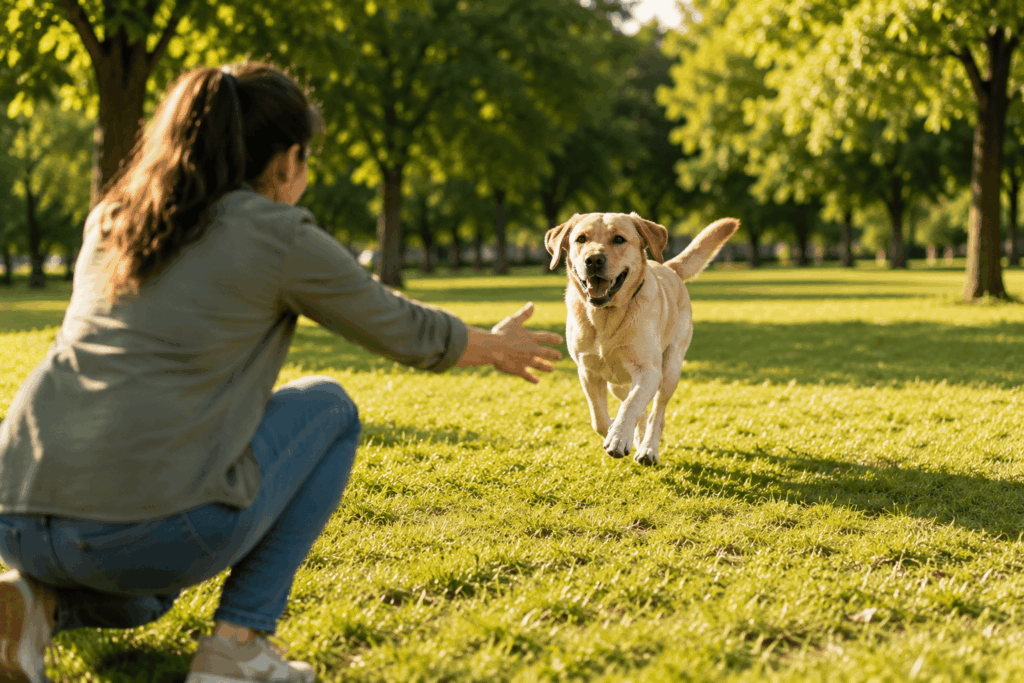 Labrador läuft freudig zu Besitzer zurück