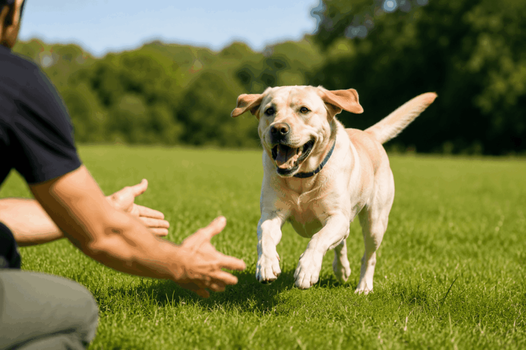 Labrador läuft freudig zum Besitzer zurück