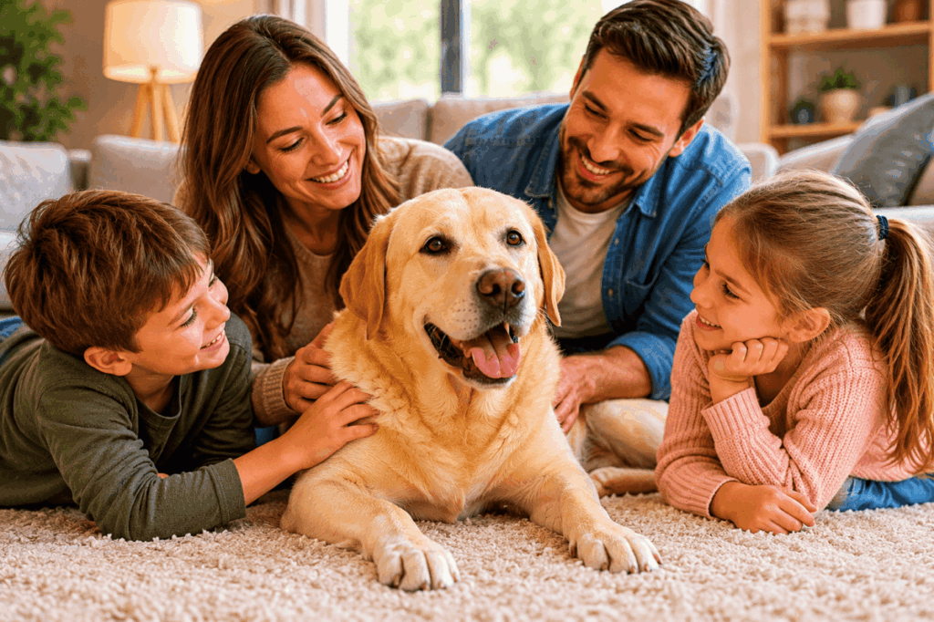 Labrador und Kinder – Passt der Labrador als Familienhund? 4 Labrador liegt entspannt neben Familie