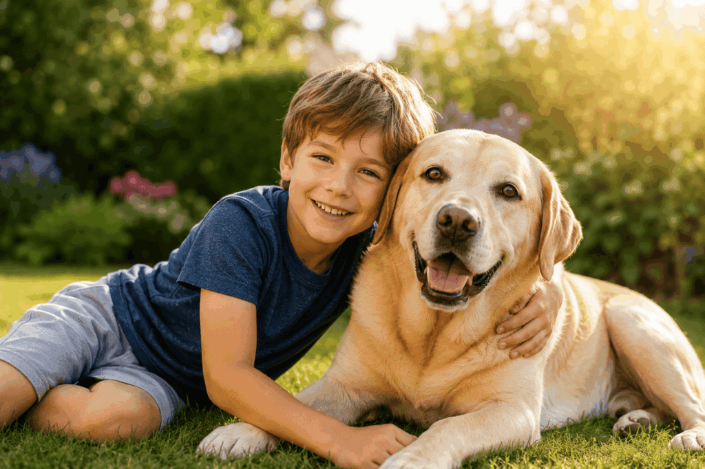 Labrador und Kinder – Passt der Labrador als Familienhund? 2 Labrador mit Kind im Garten
