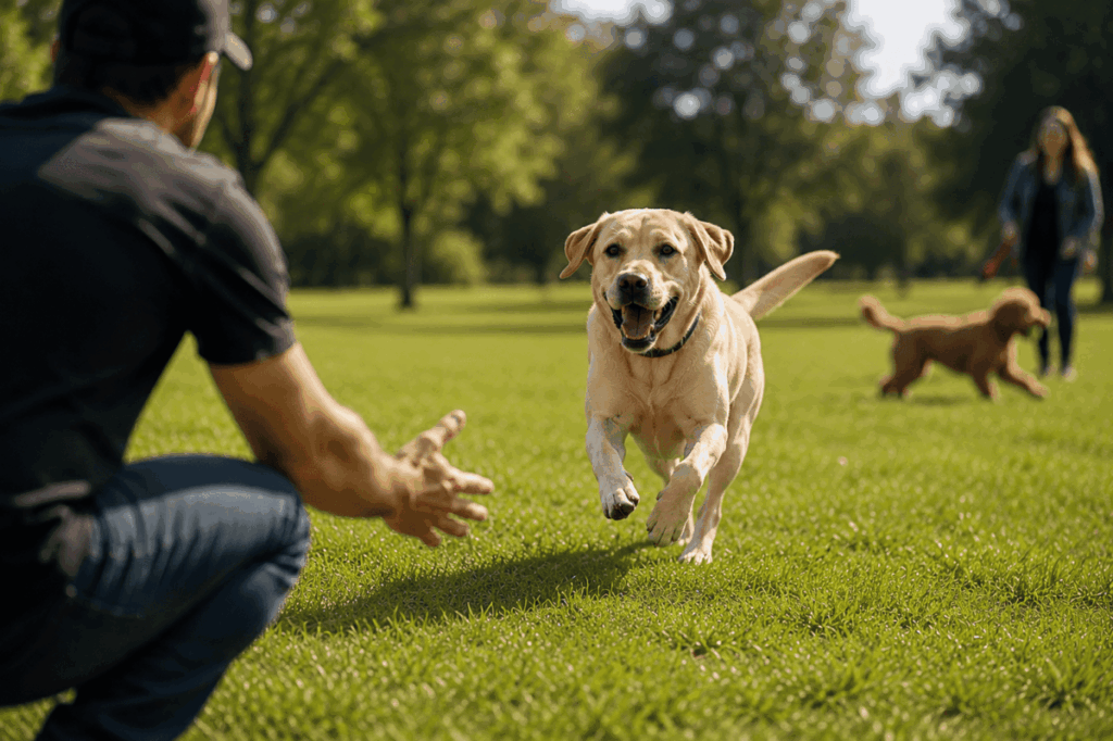 Labrador reagiert auf Rückruf trotz Ablenkung