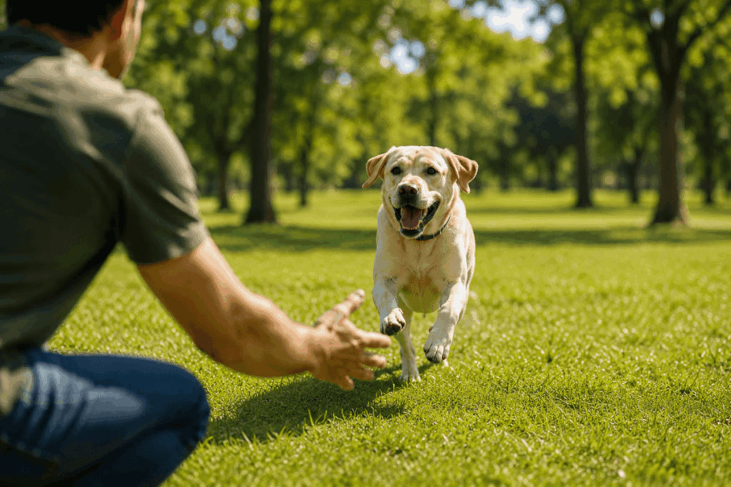 Labrador trainiert Rückruf im Park