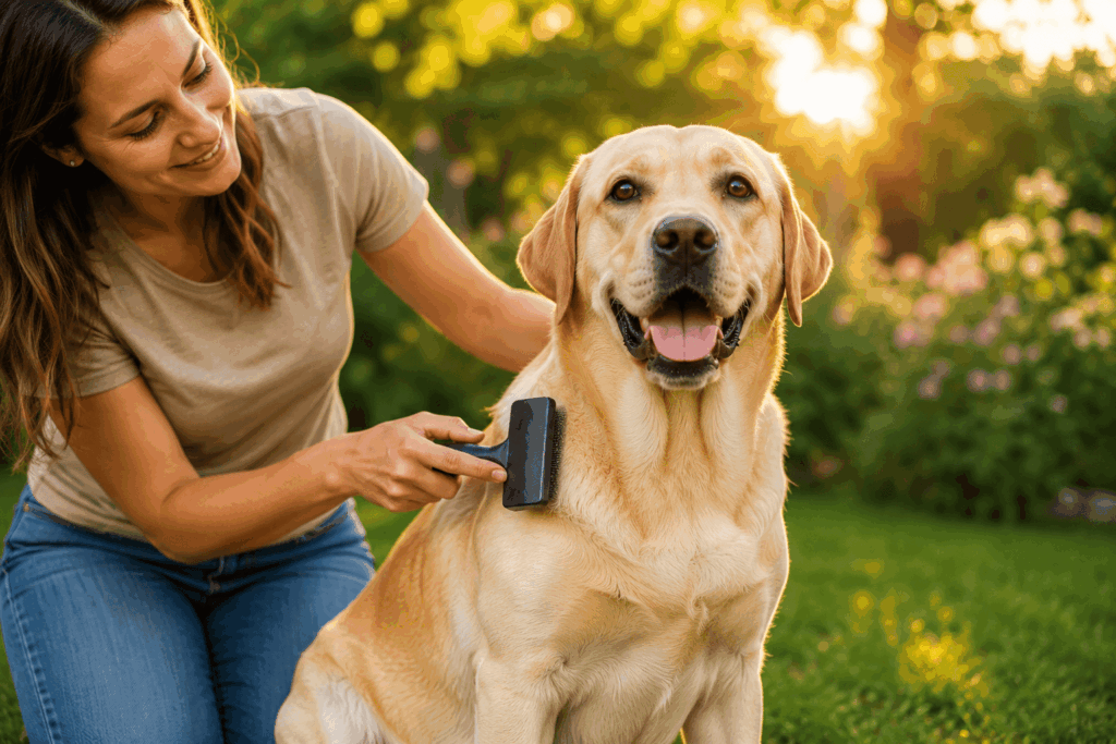 Labrador wird draußen gebürstet