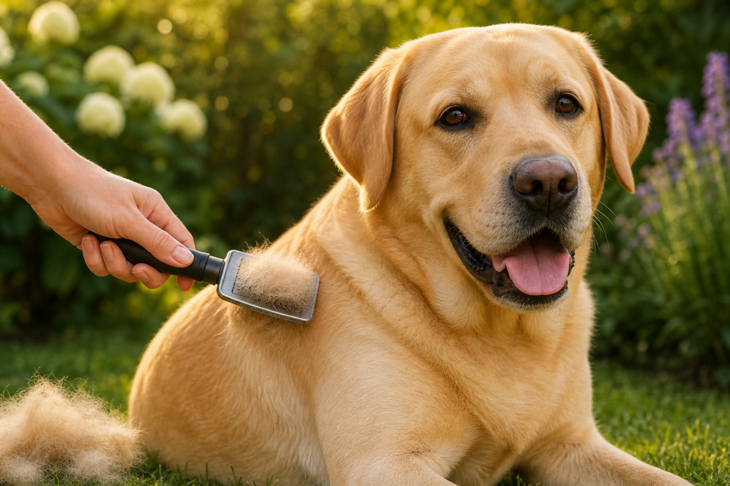 Fellpflege beim Labrador – So bleibt das Fell gesund und glänzend 5 Labrador wird im Garten gebürstet