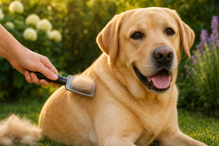 Labrador wird im Garten gebürstet